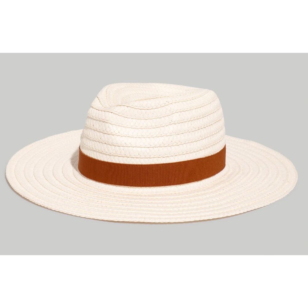 Madewell S/M Wide Brim Packable Braided Flat Top Straw Hat Brown Ribbon